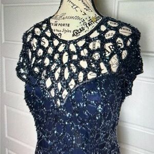 Elegant Navy Blue Women's beaded evening gown in excellent condition